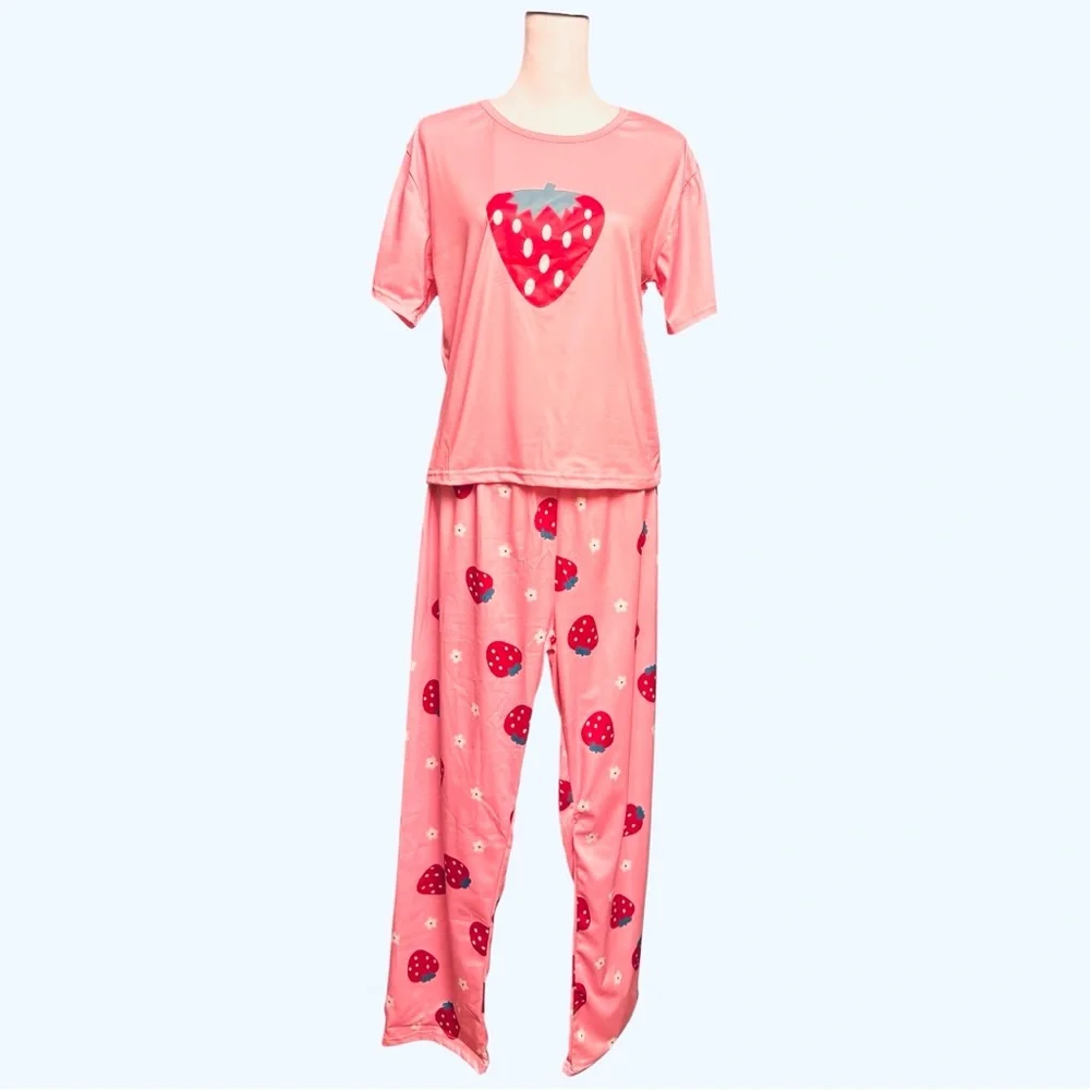 Strawberry Print Pajamas Set Pink Ted Women’s Size M